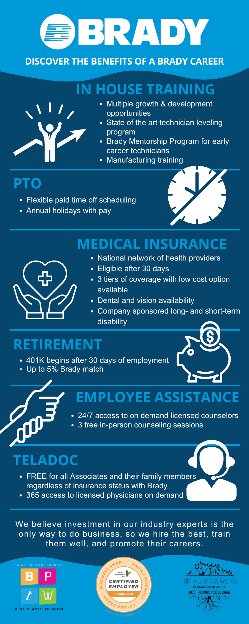 Infographic about Brady Careers. Includes in-house training, PTO, medical insurance, retirement, employee assistance, and teladoc